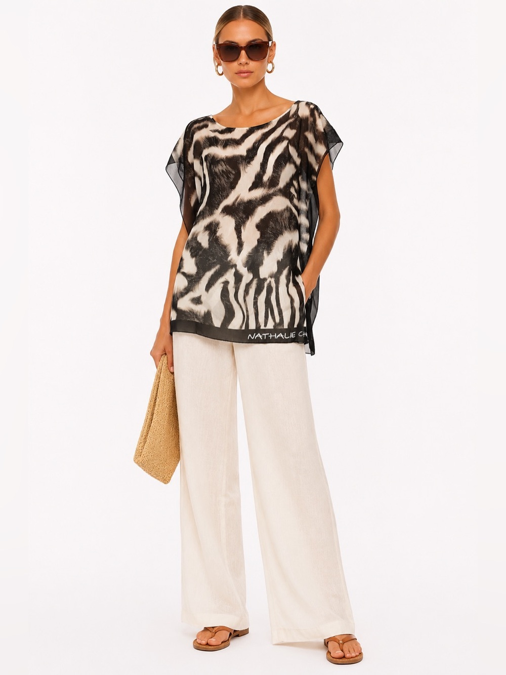 Nathalie Chaize  silk Zebra Print Sheer Tunic Top Medium